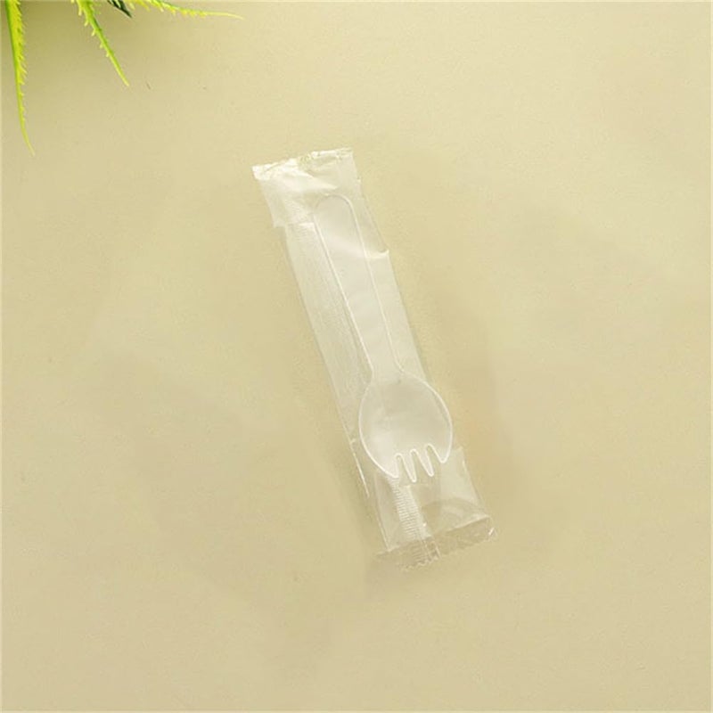 EYAKEG 4.2"" Mini Disposable Sporks 50Pcs, Plastic Spork 2-in-1 Utensils, Individual Package Per (Clear) - Image 3